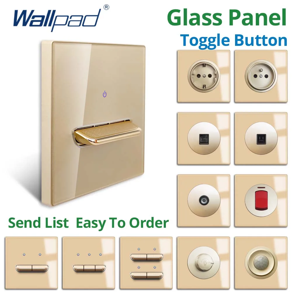 

Wallpad Gold Glass Panel Toggle Button With LED Indicator Wall Light Switch EU UK Socket Electric Outlet USB 5V 2.1A AC110-250V
