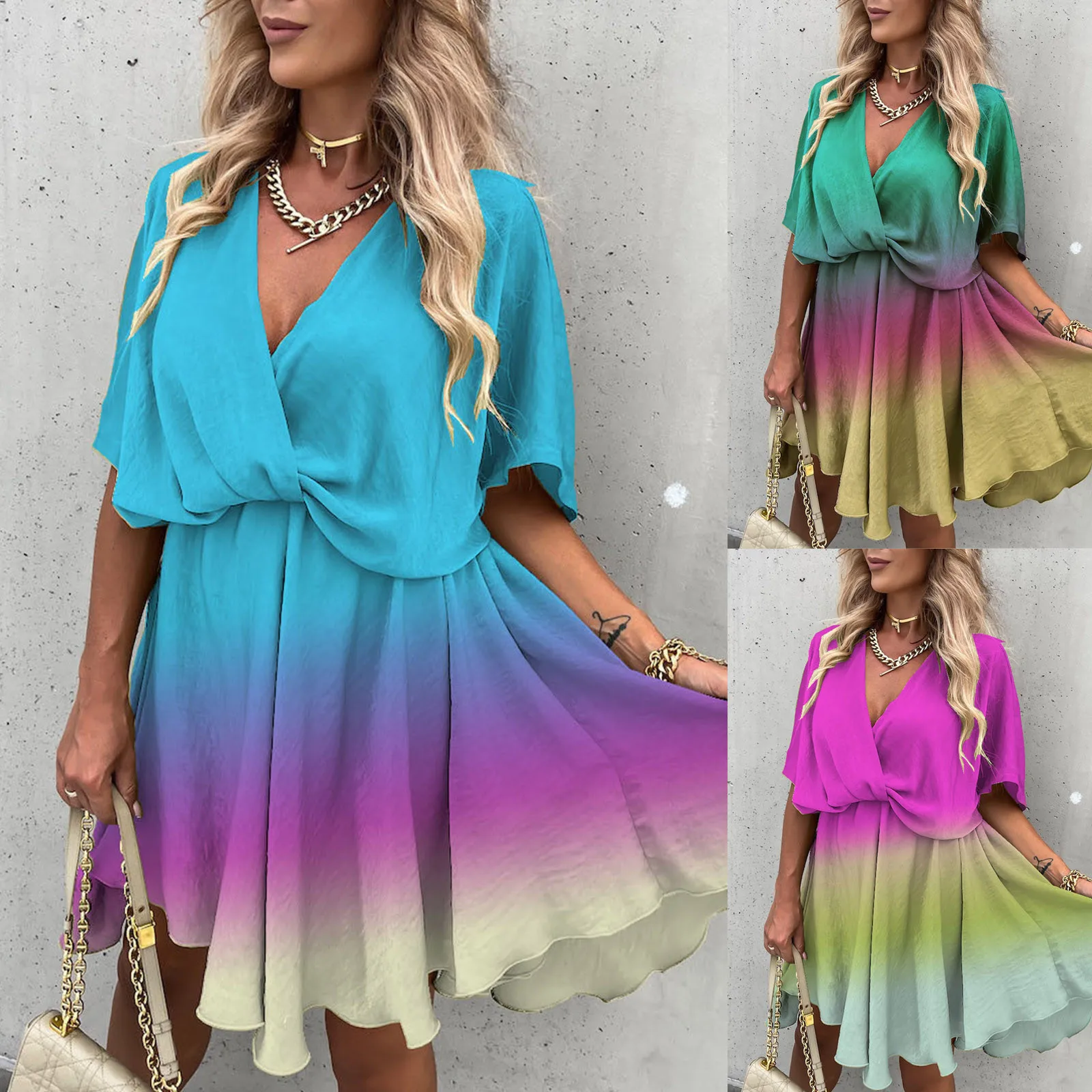 

Women Print Mini Dress Batwing Sleeve Overlap Flowy Swing Dress Summer Beach Ruffled Dresses Casual Party Dresses
