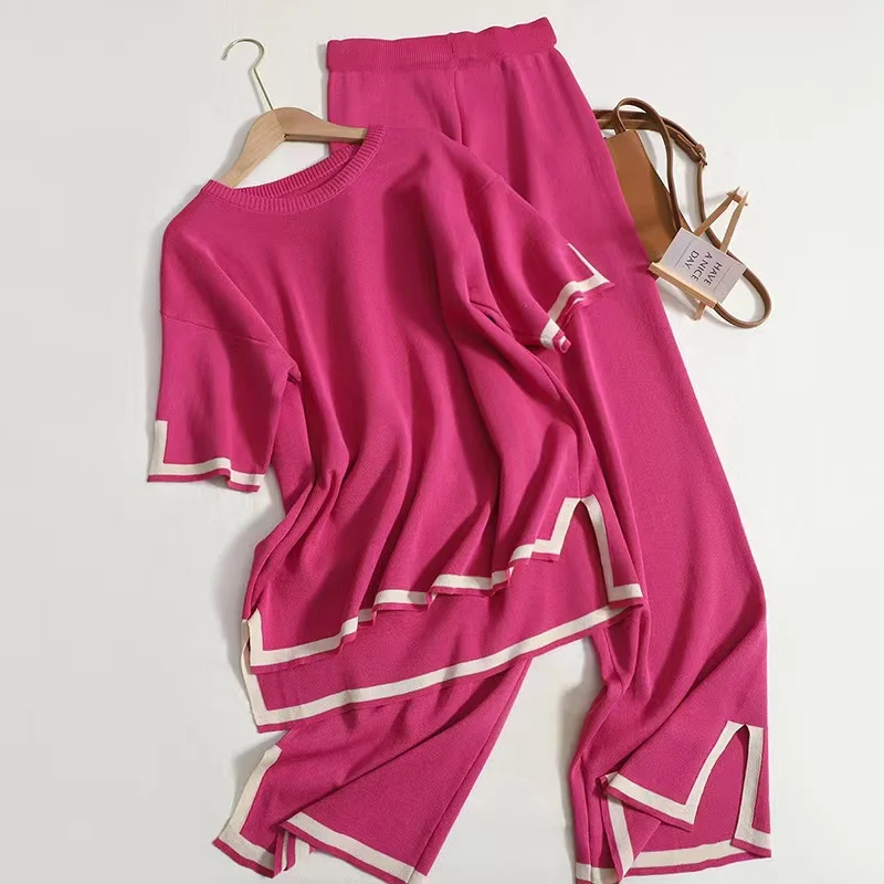 Spring Summer Women's Fashion Pants Suit Elegant Short Sleeve Knitting Womens Outfits+Wide Leg Pants Two-piece Set Knit Sets
Spring Summer Women's Fashion Pants Suit Elegant Short Sleeve Knitting Womens Outfits+Wide Leg Pants Two-piece Set Knit Sets
