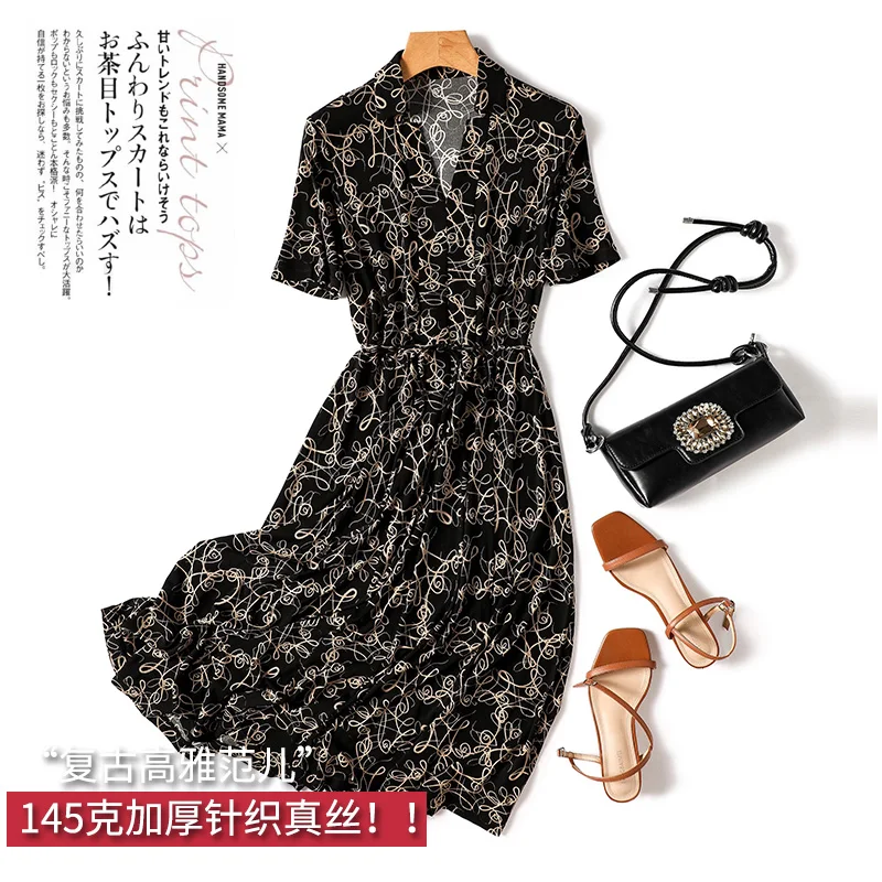 

New Knit Natural Silk Dress Women Geometric Print A-LINE Mid-Calf V-Neck Vestido Largo Elegante Para Fiesta Medium Strecth