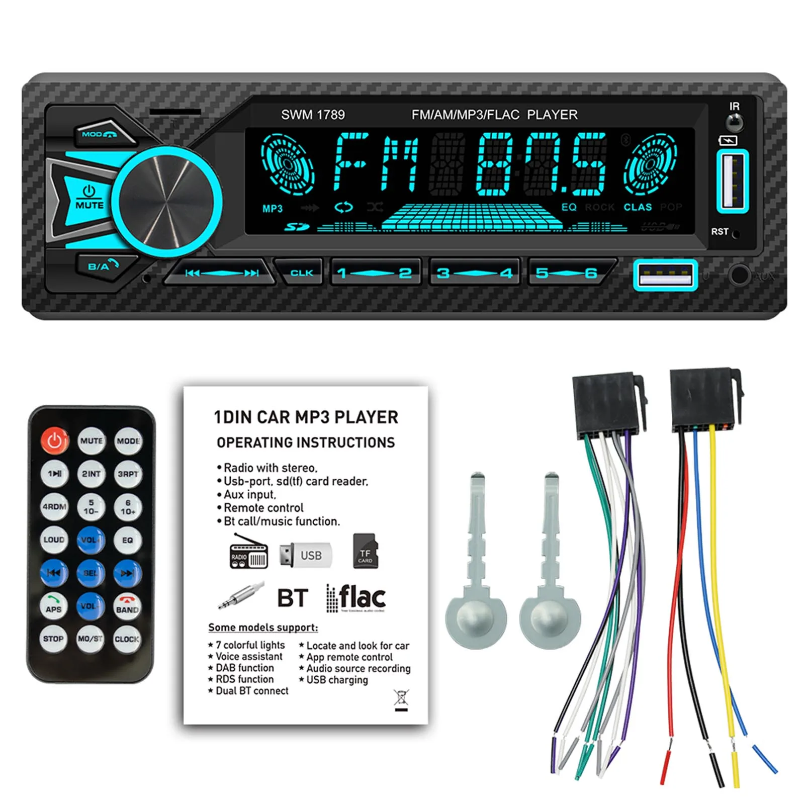 

Автомагнитола 1DIN, стерео MP3-плеер с Bluetooth, стерео AM/FM, цифровое аудио с дистанционным управлением, автомобильное радио AUX/USB