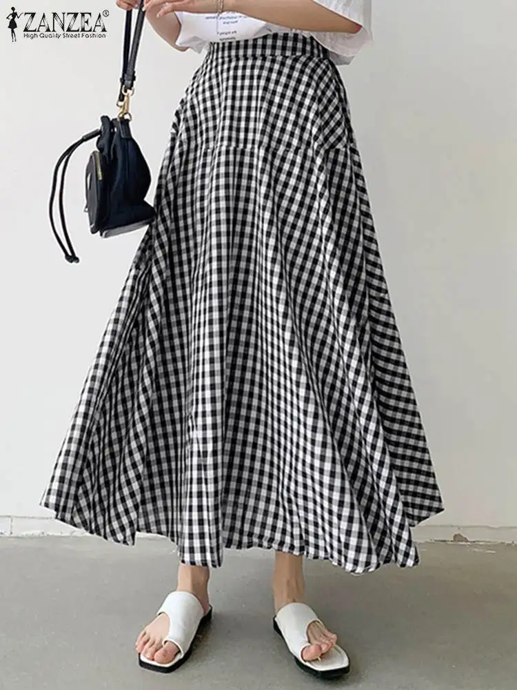 

Fashion Checked Jupes ZANZEA Casual Elastic High Waist Maxi Skirt Women 2023 Summer Plaid Spliced A-line Skirt Oversized Faldas