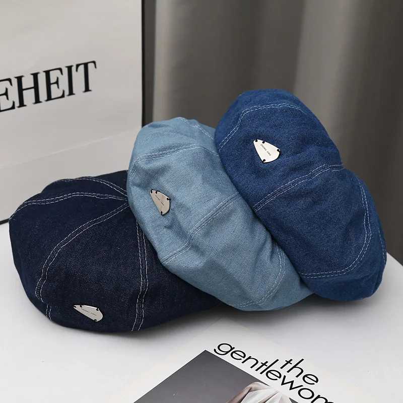 

Y2K Fashion Denim Beret Hat Korean Simple Casual Artist Painter Hat Elegant Lady Girls Newsboy Cap Autumn Women Octagonal Bonnet