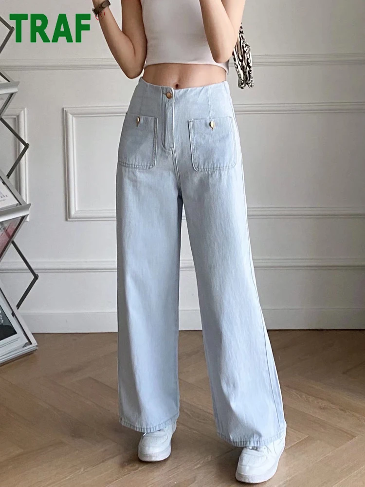 TRAF Blue High Waist Jeans Women White Wide Leg Pants for Women Golden Button Baggy Jeans Woman Streetwear Y2K Denim Pants Women
TRAF Blue High Waist Jeans Women White Wide Leg Pants for Women Golden Button Baggy Jeans Woman Streetwear Y2K Denim Pants Women