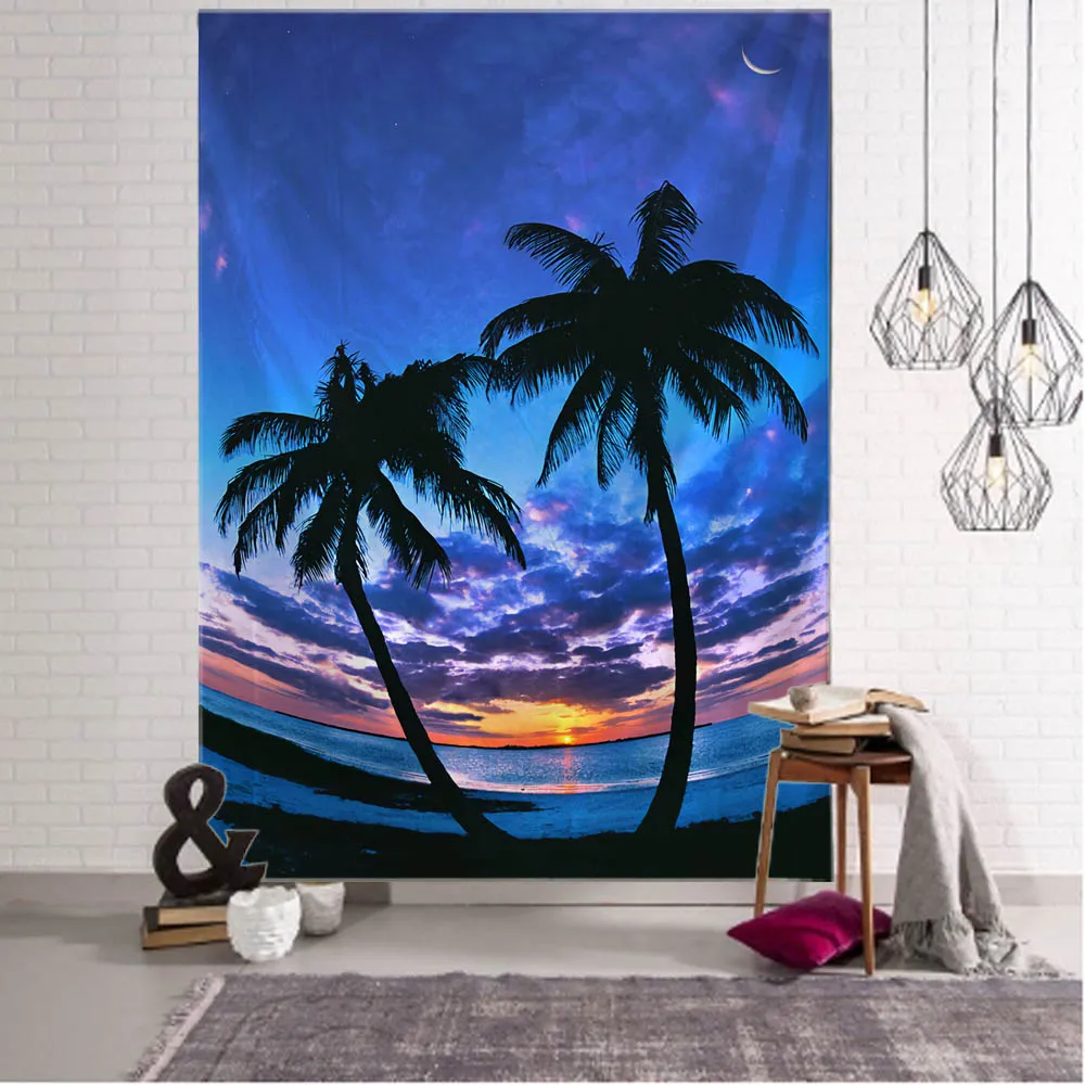 

Coconut Tree Landscape Art Tapestry Colorful Sun Moon Starry Sunset Wall Hanging Hippie Bohemian Wall Decoration Room Decoration