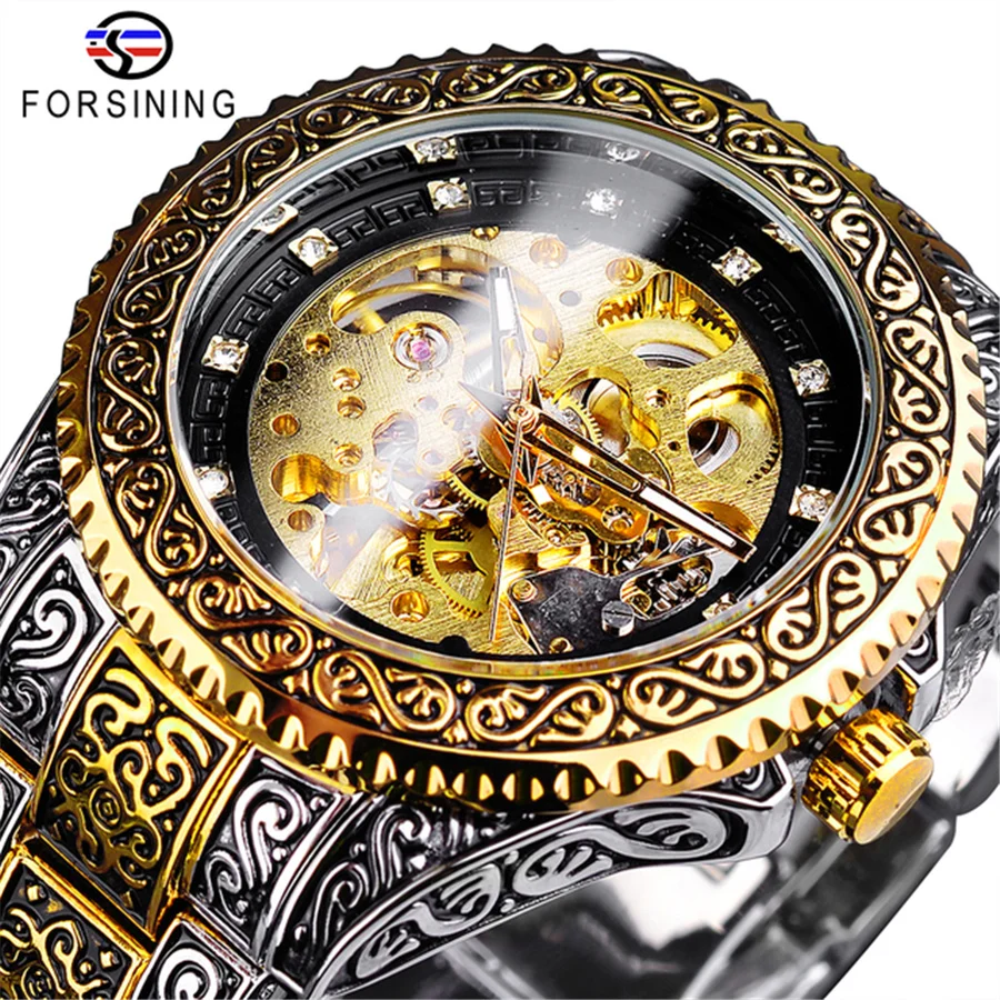 

Forsining 378 B Automatic Mechanical Wristwatch Waterproof Stainless Steel Diamond Watch Golden Men's Clock Vintage Reloj