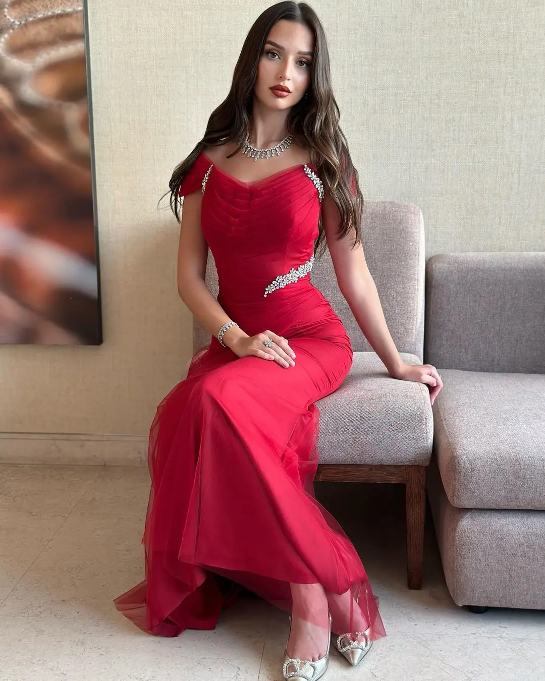 VD Red Tulle Mermaid Prom Dresses Ruched Off Shoulder Beaded Sash Evening Party Formal Gowns Long Maid of Honor Vestidos
VD Red Tulle Mermaid Prom Dresses Ruched Off Shoulder Beaded Sash Evening Party Formal Gowns Long Maid of Honor Vestidos