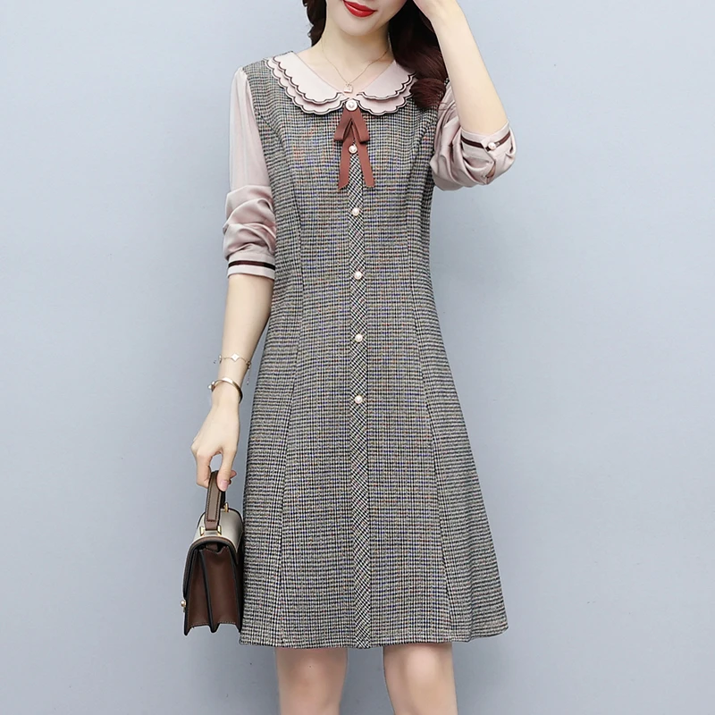 Autumn Winter Women Knee-length Cotton Lanon Plaid Patchwork Bow Long Sleeve Button New Fashion Vintage Dresses Female
Autumn Winter Women Knee-length Cotton Lanon Plaid Patchwork Bow Long Sleeve Button New Fashion Vintage Dresses Female