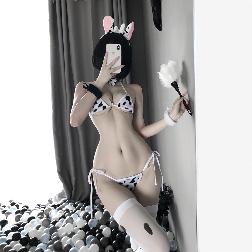 

Cow Cosplay Costume Maid Tankini Swimsuit Anime Bikini Set Girls Women Lingeire Clothing Lolita Bra and Panty Set Stockings