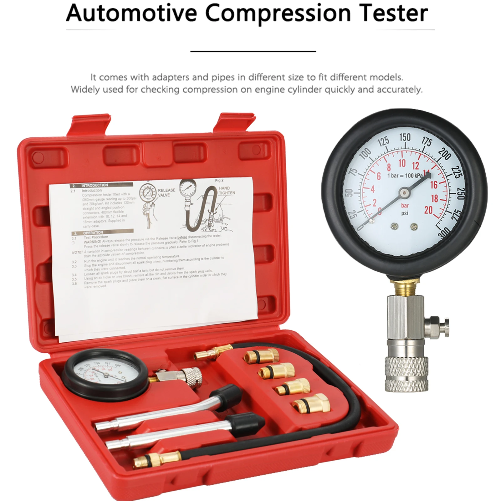 8 PCS Gasoline Engine Compression Tester Cylinder 0-300 PSI Automobile Pressure Gauge Kit with M10 M12 M14 M18 Adapter
8 PCS Gasoline Engine Compression Tester Cylinder 0-300 PSI Automobile Pressure Gauge Kit with M10 M12 M14 M18 Adapter