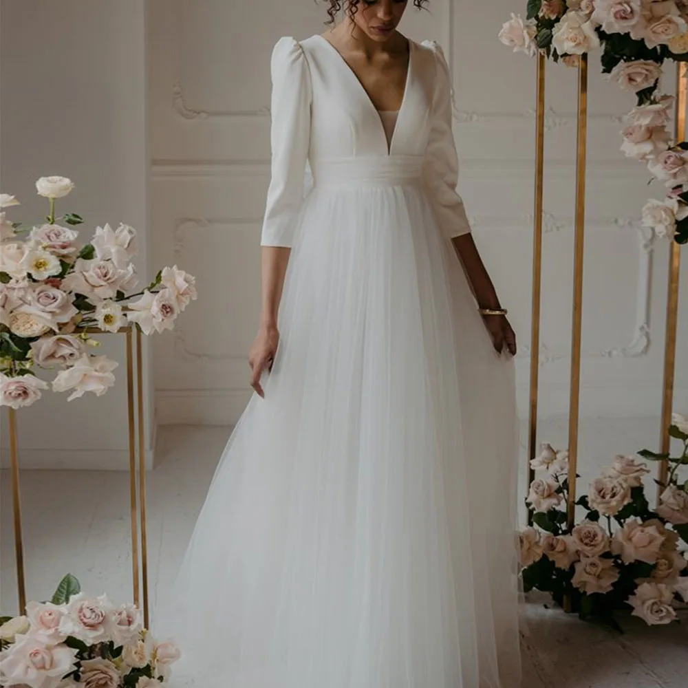 Simple Bride Gowns V-Neck Three Quarter Sleeves Zipper Back Wedding Dresses Tulle Empire A-Line Floor Length Vestido De Noiva
Simple Bride Gowns V-Neck Three Quarter Sleeves Zipper Back Wedding Dresses Tulle Empire A-Line Floor Length Vestido De Noiva