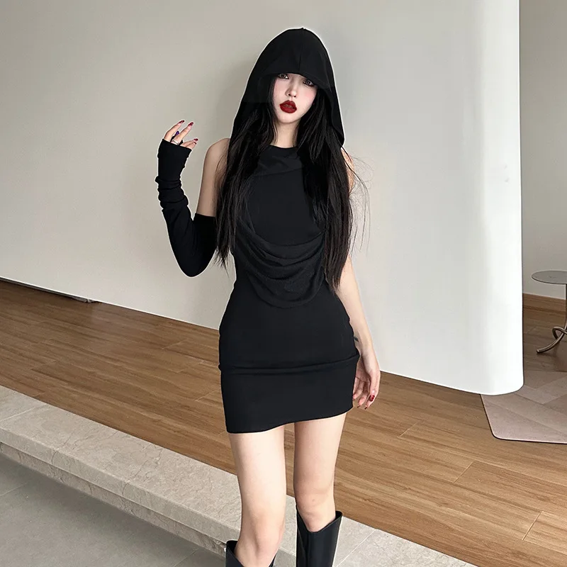 

Goth Dark Draped Cyber Y2k Punk Hooded Mini Dresses Gothic Glove Sleeve Skinny Sexy Dress Techwear Fashion Black Women Partywear