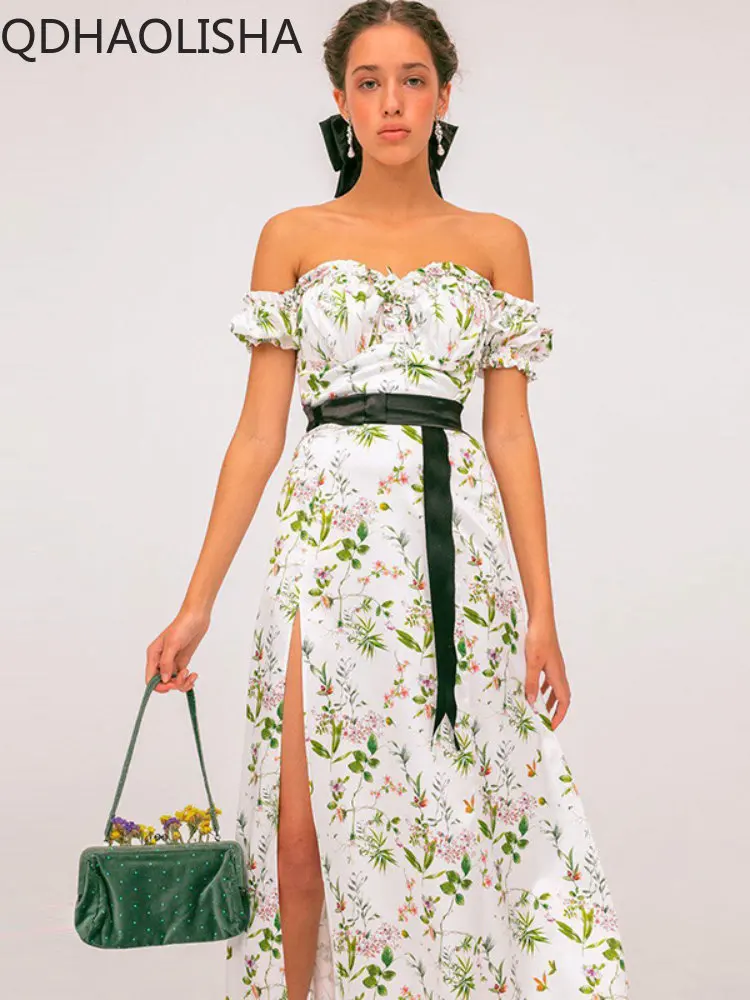 

New In Summer Women's Dress Bohemian Floral Bra Long Dress with High Waist Slit Slim Fit Gentle and One Shoulder Women's Dress