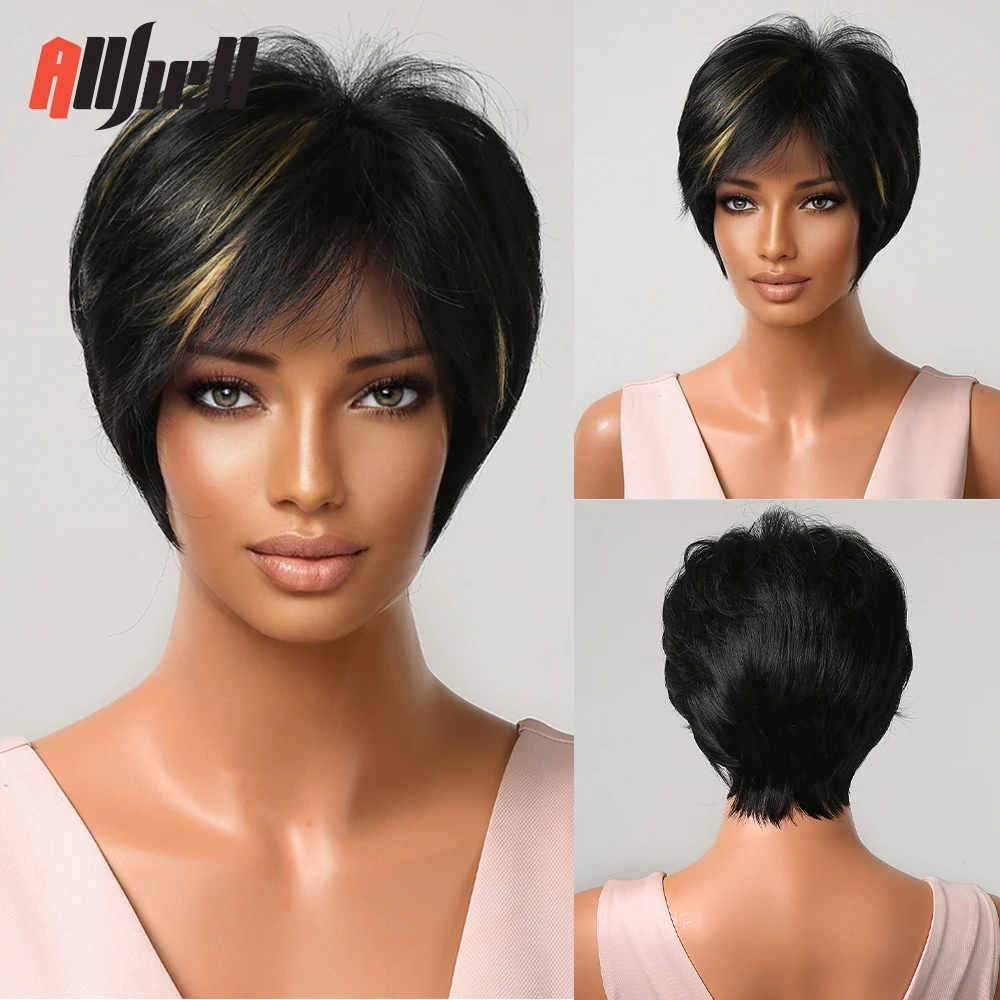 

Short Black Synthetic Wigs Blonde Highlight Straight Hairstyle Wigs with Bang Natural for Black Women Heat Resistant Cosplay Wig