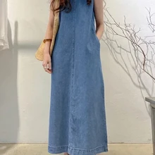Blue Summer Dress Women 2023 Fashion Korea Elegant Thin Imitation Denim Vintage Loose Sleeveless Long Dress Streetwear Clothes