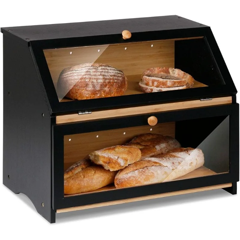 Double Layer Large Bread Box for Kitchen Counter, Wooden Large Capacity Bread Storage Bin (Black)
Double Layer Large Bread Box for Kitchen Counter, Wooden Large Capacity Bread Storage Bin (Black)