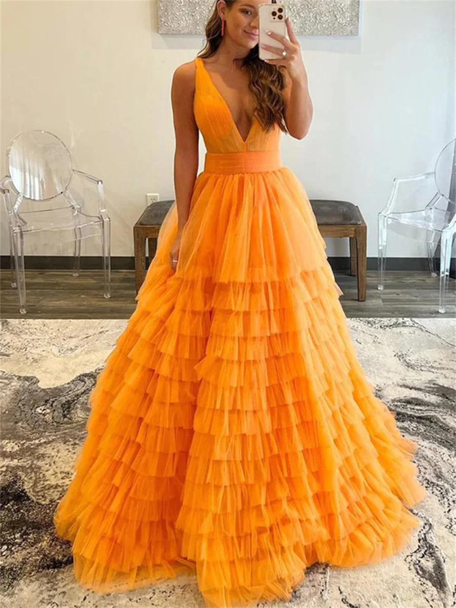 Sexy Luxurious V Neck Tulle Layered Ruffle Double Straps Orange Tulle Formal Evening Dress Long Prom Dress Formal Party Floor Le
Sexy Luxurious V Neck Tulle Layered Ruffle Double Straps Orange Tulle Formal Evening Dress Long Prom Dress Formal Party Floor Le