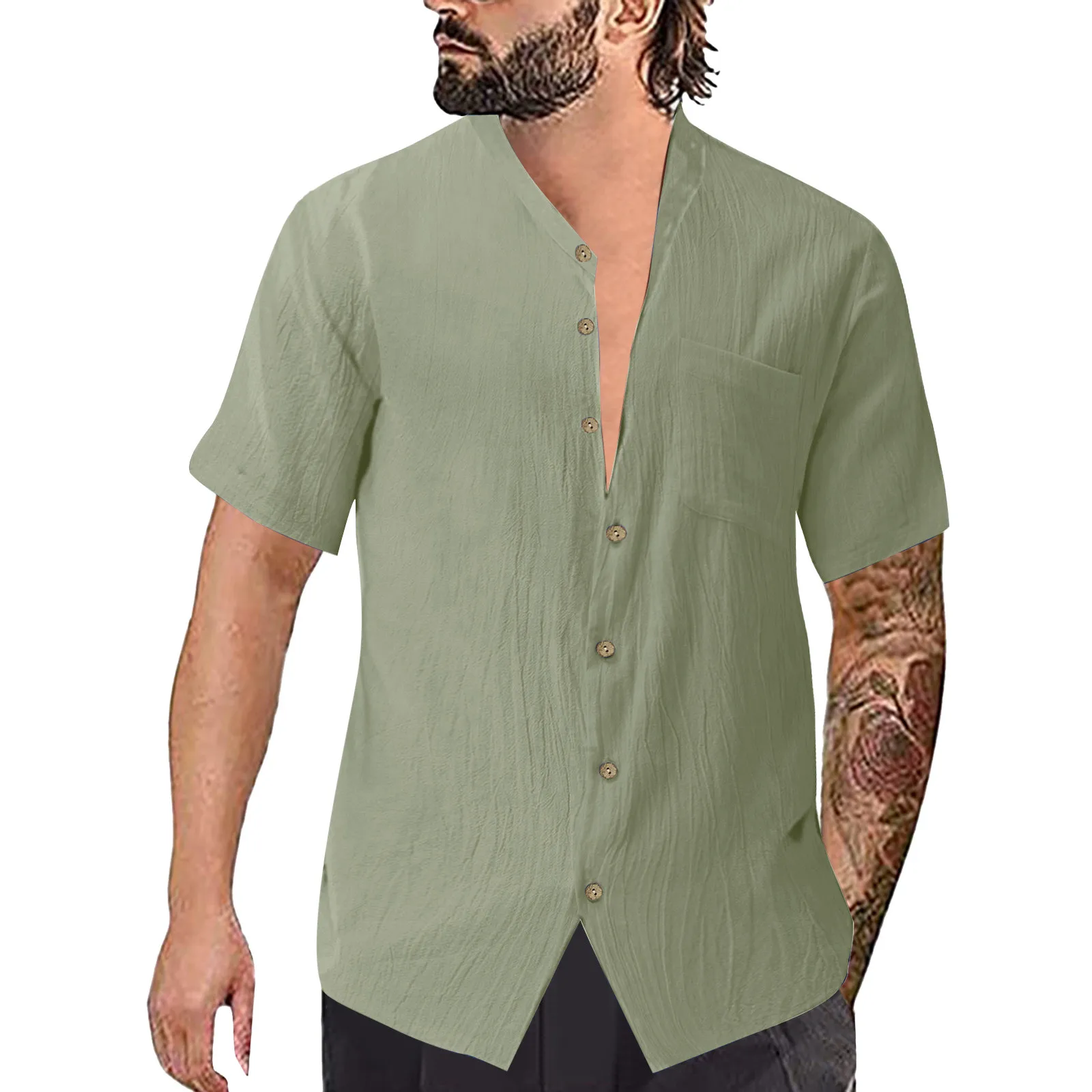 Men Fashion Casual Top Shirt Solid Color Pocket Single Breasted Cotton And Linen Shirt Short Sleeve Top Heavy T Shirts
Men Fashion Casual Top Shirt Solid Color Pocket Single Breasted Cotton And Linen Shirt Short Sleeve Top Heavy T Shirts