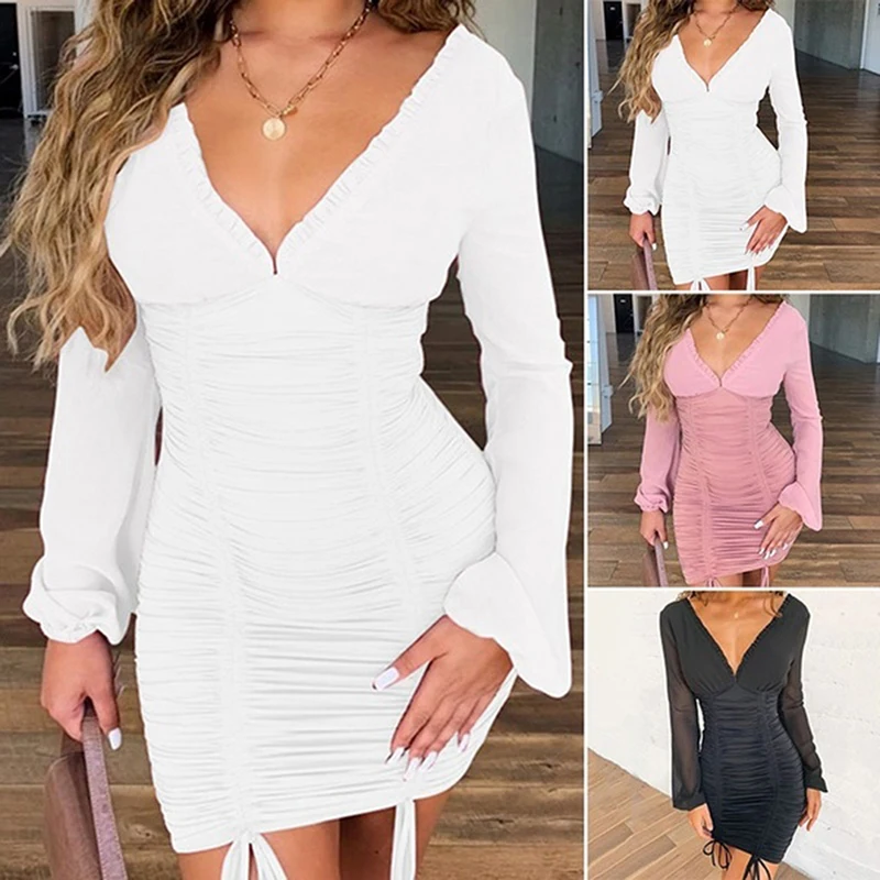 Long Sleeve Deep V Neck Pleated Sexy Mini Dress Autumn Winter Women Solid Party Elegant Streetwear Outfit Bodycon Mini Dresses
Long Sleeve Deep V Neck Pleated Sexy Mini Dress Autumn Winter Women Solid Party Elegant Streetwear Outfit Bodycon Mini Dresses