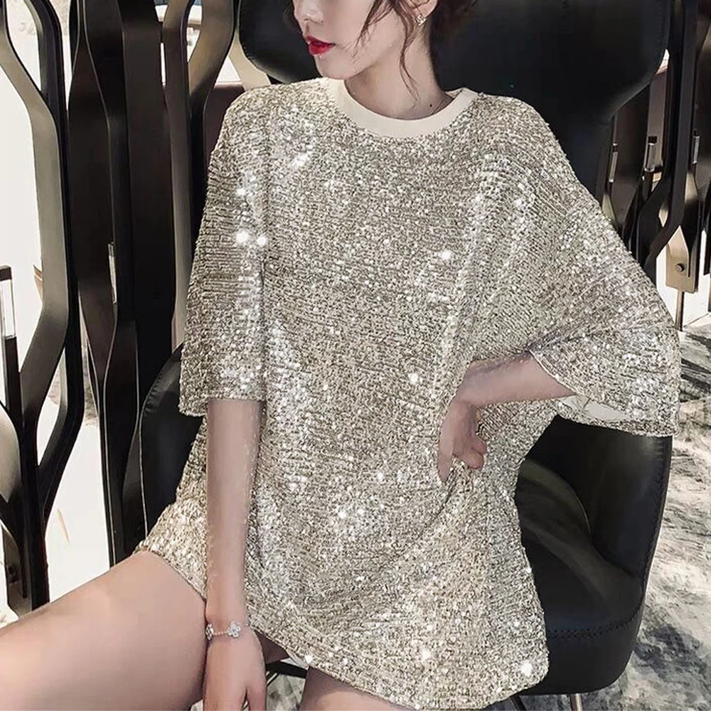 Ladys Fashion Sequin Fabric Five-point Sleeve T-shirts Loose Casual Plus Size Women Blouses Shiny Tops Glittering O Neck
Ladys Fashion Sequin Fabric Five-point Sleeve T-shirts Loose Casual Plus Size Women Blouses Shiny Tops Glittering O Neck