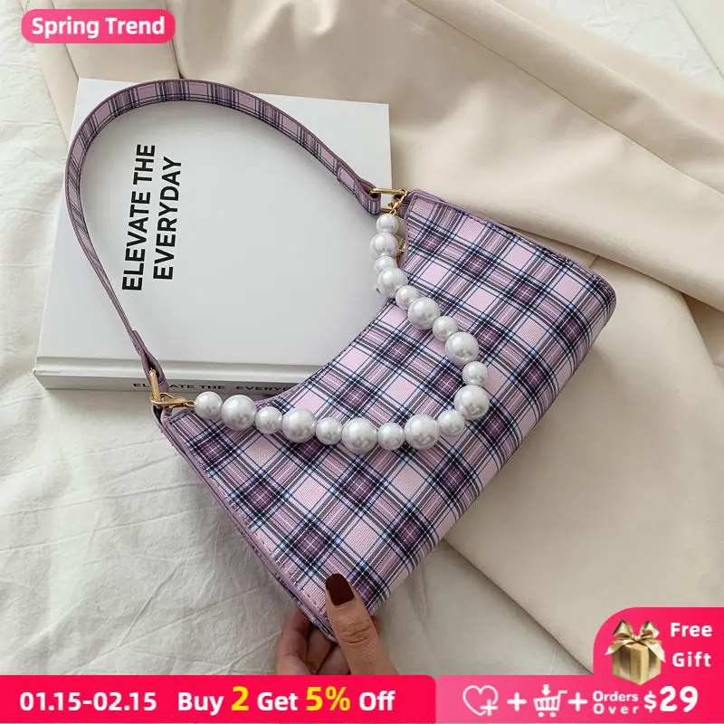 Retro Plaid Ladies Baguette Bags Vintage Pearl Chain Women Small Shoulder Bags Elegant Female Underarm Handbags
Retro Plaid Ladies Baguette Bags Vintage Pearl Chain Women Small Shoulder Bags Elegant Female Underarm Handbags
