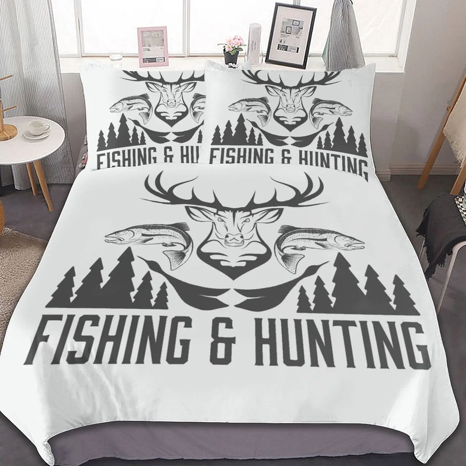 Hunting And Fishing in Vintage Emblem Design Antler Horns Mallard Pine Tree Light Grey 3-Piece Bedding Set (1 Duvet Cover + 2 Pi
Hunting And Fishing in Vintage Emblem Design Antler Horns Mallard Pine Tree Light Grey 3-Piece Bedding Set (1 Duvet Cover + 2 Pi