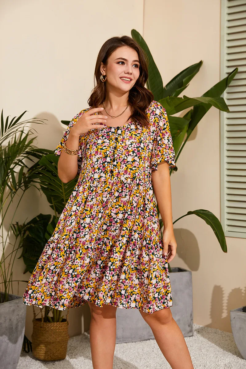 2022 New Womens Chiffon Dresses New Arrival Plus Size O Neck Short Sleeve Fresh Floral Print Knee Length Dress Summer Clothing
2022 New Womens Chiffon Dresses New Arrival Plus Size O Neck Short Sleeve Fresh Floral Print Knee Length Dress Summer Clothing