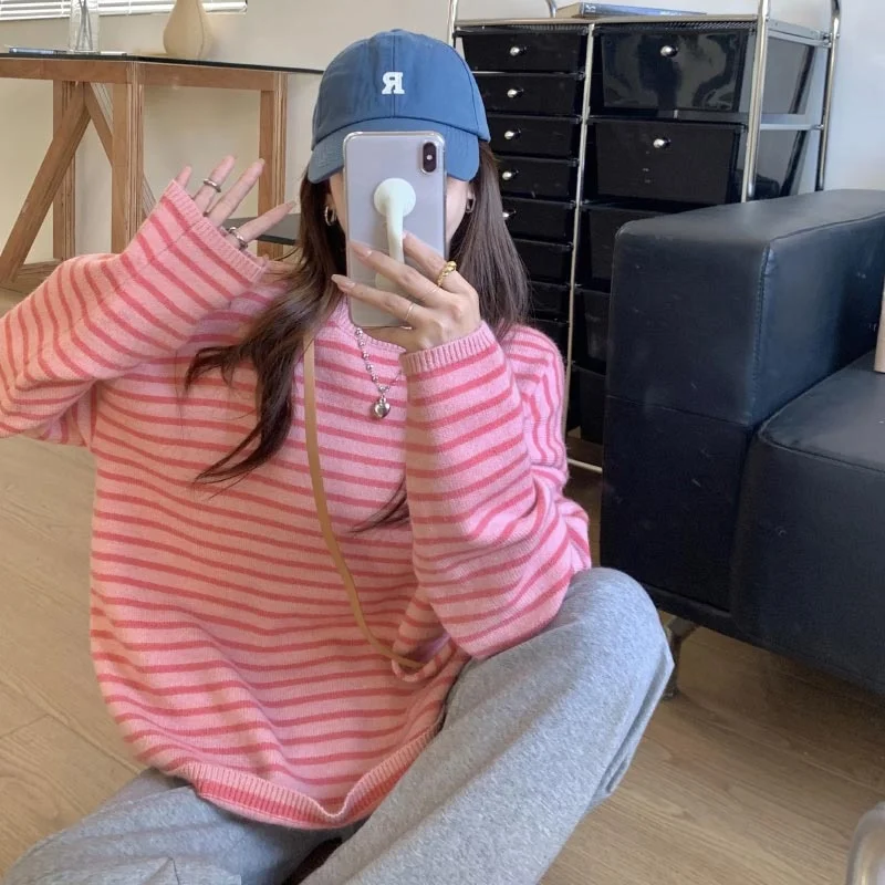 Stripe Pullover Women Casual Knitted Sweater Round Neck Loose Long Sleeve Vintage Fashion Knitwear Clothing Top New 2022
Stripe Pullover Women Casual Knitted Sweater Round Neck Loose Long Sleeve Vintage Fashion Knitwear Clothing Top New 2022