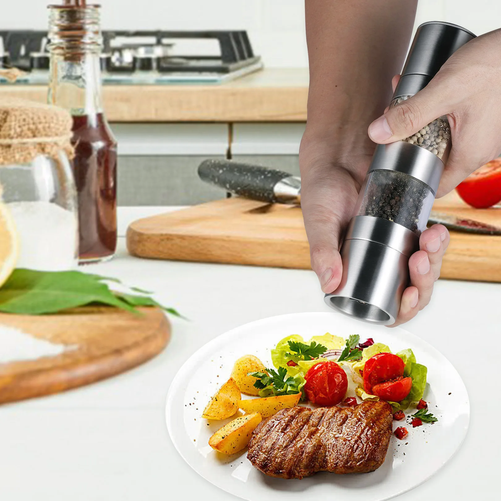 HDouble-headed Pepper Grinder 2 In 1 Stainless Steel Manual Salt Pepper Mill Grinder Seasoning Grinding for Cooking Restaurants
HDouble-headed Pepper Grinder 2 In 1 Stainless Steel Manual Salt Pepper Mill Grinder Seasoning Grinding for Cooking Restaurants