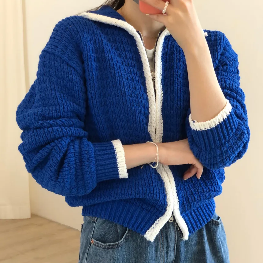 Korean Fashion Contrast Color Blue Chic Cardigan Women Zipper Loose Thick Stitch Women Sweaters Short Lapel Sweater Coat Tops
Korean Fashion Contrast Color Blue Chic Cardigan Women Zipper Loose Thick Stitch Women Sweaters Short Lapel Sweater Coat Tops