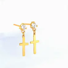 Pure Solid Gold Earrings Stud For Women Zircon Cross Real 24K Yellow Gold Earrings Drop Jewelry