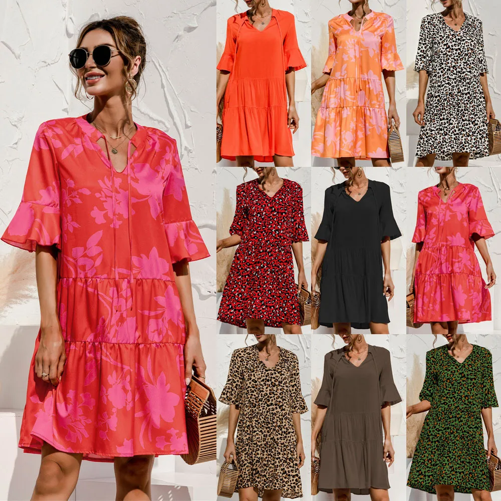 2022 Summer Women's V-neck Trumpet Sleeve Cake Mosaic Dress Women Leopard Print Loose Short Sleeve Dressess Female Casual Beach
2022 Summer Women's V-neck Trumpet Sleeve Cake Mosaic Dress Women Leopard Print Loose Short Sleeve Dressess Female Casual Beach