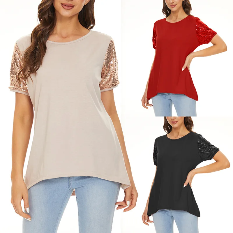 Summer New Women's Simple Fashion Round Neck Solid Color Sequin Stitching Short-sleeved Loose Irregular T-shirt Women's Top
Summer New Women's Simple Fashion Round Neck Solid Color Sequin Stitching Short-sleeved Loose Irregular T-shirt Women's Top