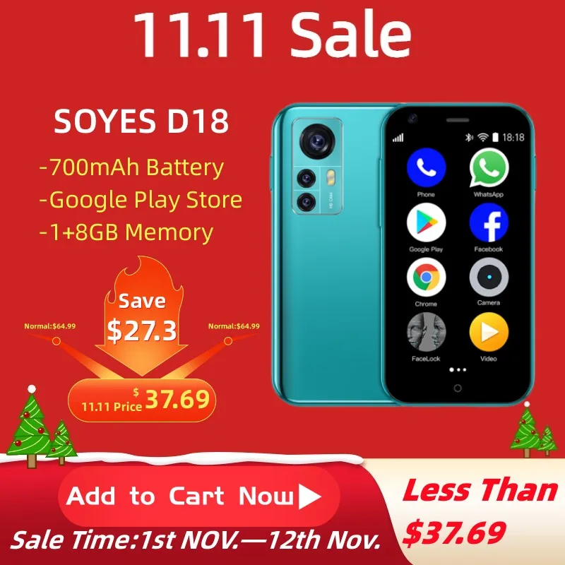 

Ультратонкий 3G супер мини смартфон SOYES D18 Android 6,0 четырёхъядерный 1 ГБ 8 ГБ 700 мАч аккумулятор 2,5 дюйма Стандартный магазин Google Play