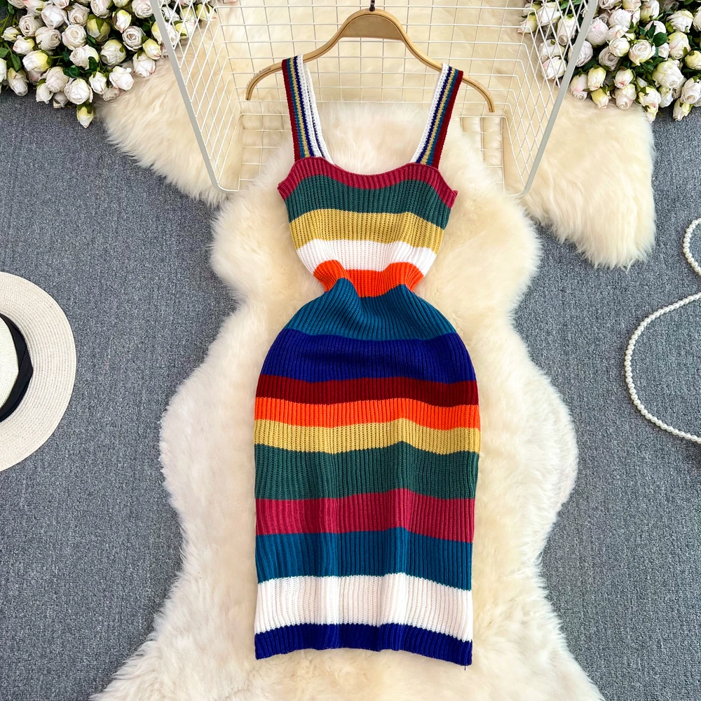 Clothland Women Elegant Rainbow Mini Dress Knitwear Square Collar Straps Sleeveless Backless Slim Fit Sheath Dresses QB913
Clothland Women Elegant Rainbow Mini Dress Knitwear Square Collar Straps Sleeveless Backless Slim Fit Sheath Dresses QB913