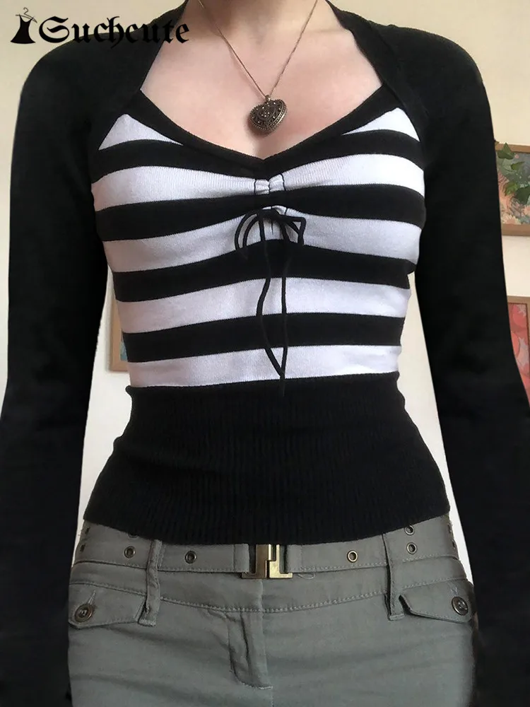 Женская футболка в полоску, с V-образным вырезом и длинным рукавом 
Женская футболка в полоску, с V-образным вырезом и длинным рукавом