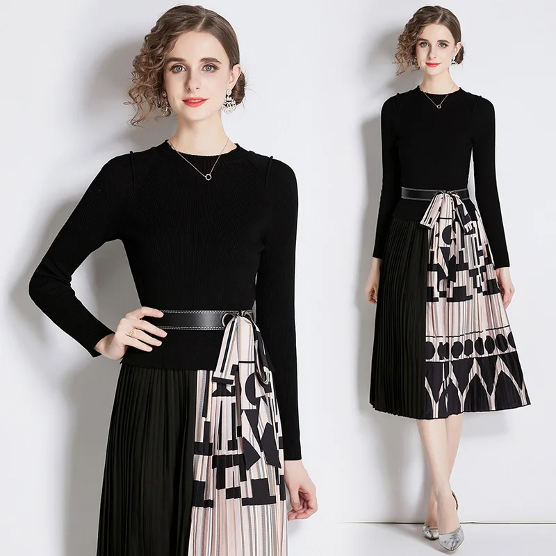 Autumn and winter new fashion print stitching knit dress pleated dress female ZY8553075
Autumn and winter new fashion print stitching knit dress pleated dress female ZY8553075