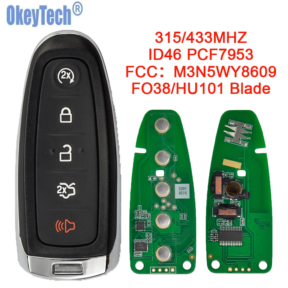 

Okeytech 5 Button 315/433MHZ Car Remote Control Key for Ford Edge Escape Explorer Taurus Flex Focus ID46 PCF7953 M3N5WY8609 Chip