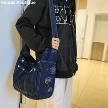 Washed Denim Tote Bags For Women Shoulder Book Bag Blue Jean Star Embroidery Multi-pocket Big Capacity Shopper Messenger Y2K Bag