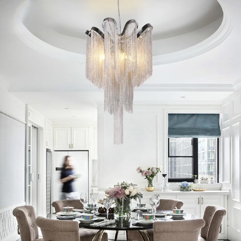 Modern Aluminum Pendant Lamp Luxury Aluminum Chains E14 Base Indoor Hanging Light For Bar Dining Room Living Room Bedroom
Modern Aluminum Pendant Lamp Luxury Aluminum Chains E14 Base Indoor Hanging Light For Bar Dining Room Living Room Bedroom