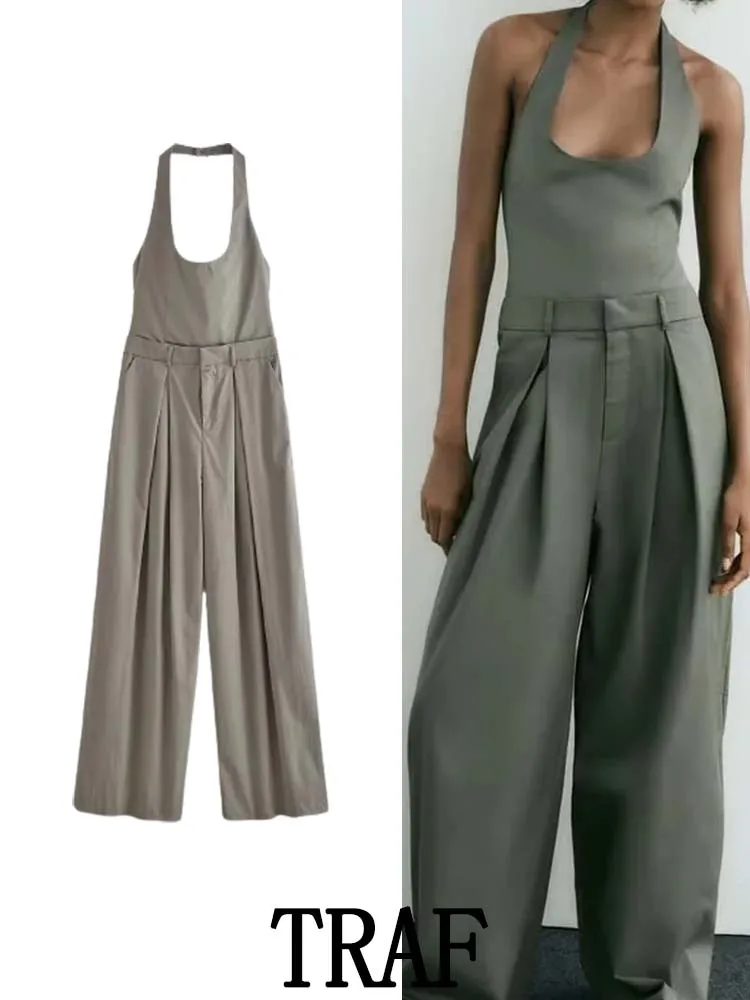TRAF 2023 Woman Trench Fabric HangingNeck Long Jumpsuits Fashion Sleeveless Vintage Spring Autumn Causal Playsuit Slim Tops
TRAF 2023 Woman Trench Fabric HangingNeck Long Jumpsuits Fashion Sleeveless Vintage Spring Autumn Causal Playsuit Slim Tops