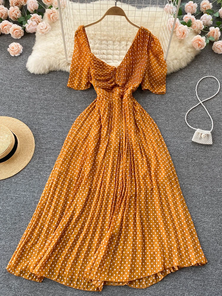 Summer Women Irregular Neck Polka Dot Print Chiffon Dress Female Hollow Sexy Pleated Maxi Dresses Holiday Vestdios
Summer Women Irregular Neck Polka Dot Print Chiffon Dress Female Hollow Sexy Pleated Maxi Dresses Holiday Vestdios