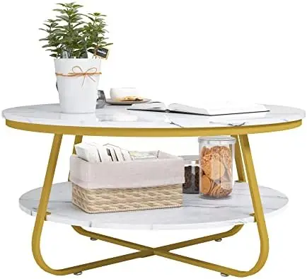

Круглый журнальный столик с хранилищем, кофейный столик из искусственного мрамора 35,4 дюйма с прочной металлической золотой рамкой для гостиной, столовой Sm