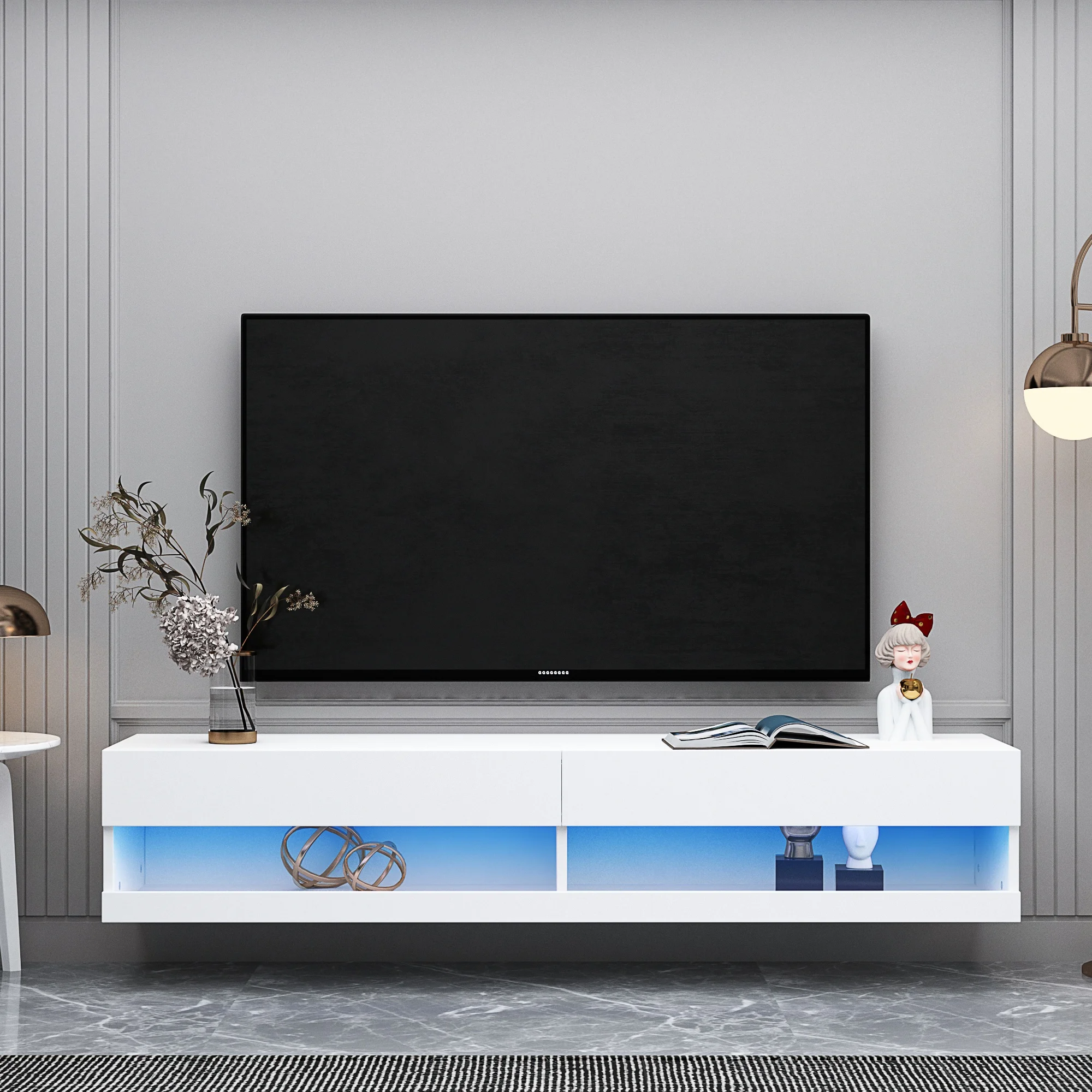 180 Wall Mounted Floating 80" TV Stand TV Cabinet With 20 Color LEDs to Put Tv Dvd Router Books and Small Ornaments White
180 Wall Mounted Floating 80" TV Stand TV Cabinet With 20 Color LEDs to Put Tv Dvd Router Books and Small Ornaments White