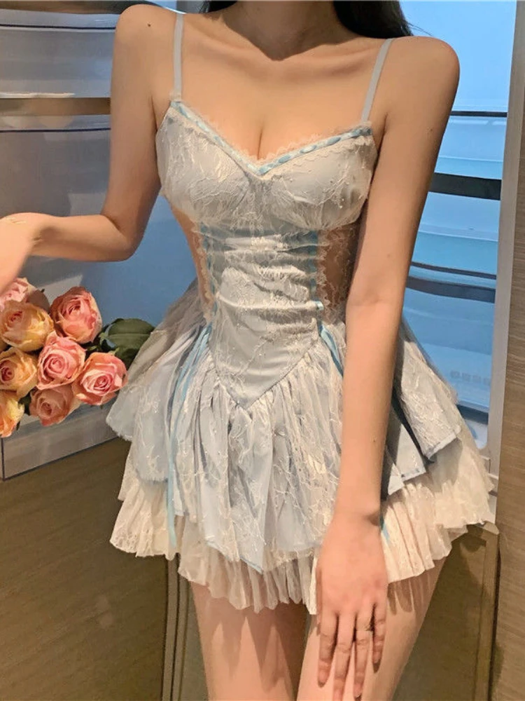 Летнее Голубое Кружевное милое платье Y2k, женское привлекательное мини-платье в Корейском стиле, женское Кружевное французское корейское модное элегантное платье 2023