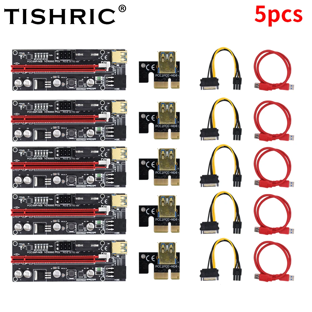 

5PCS TISHRIC Pcie Riser 009s VER009s Plus PCI Express USB 3.0 Cable PCI-E 16x Riser SATA 15Pin To 6Pin For BTC Miner Mining
