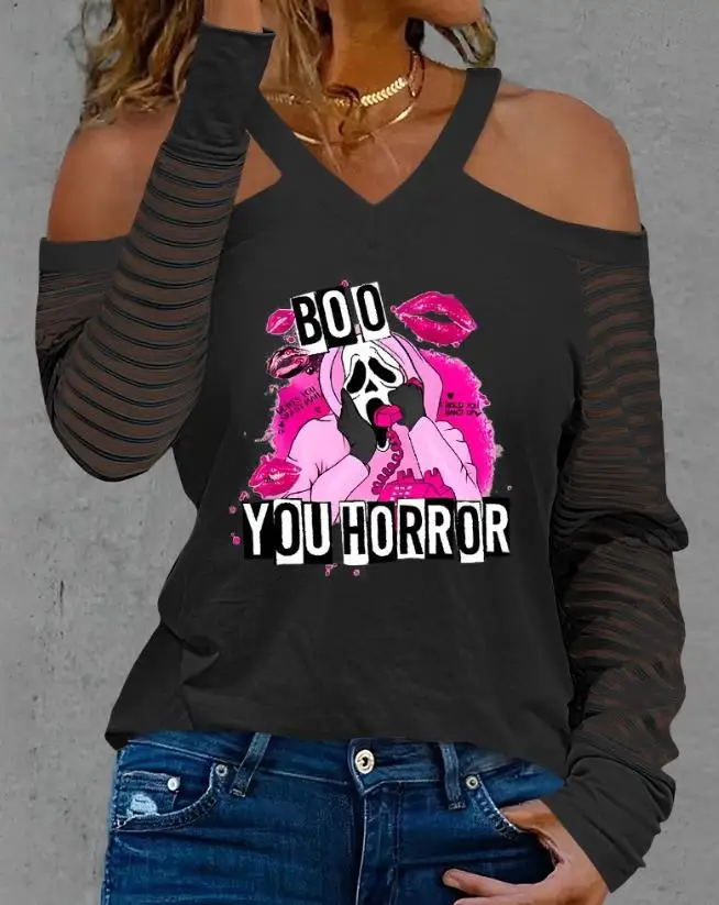 Women's T-Shirt 2023 Spring Autumn Long Sleeve Top New Halloween Boo You Horror Lip Graphic Lip Print Cold Shoulder Top
Women's T-Shirt 2023 Spring Autumn Long Sleeve Top New Halloween Boo You Horror Lip Graphic Lip Print Cold Shoulder Top