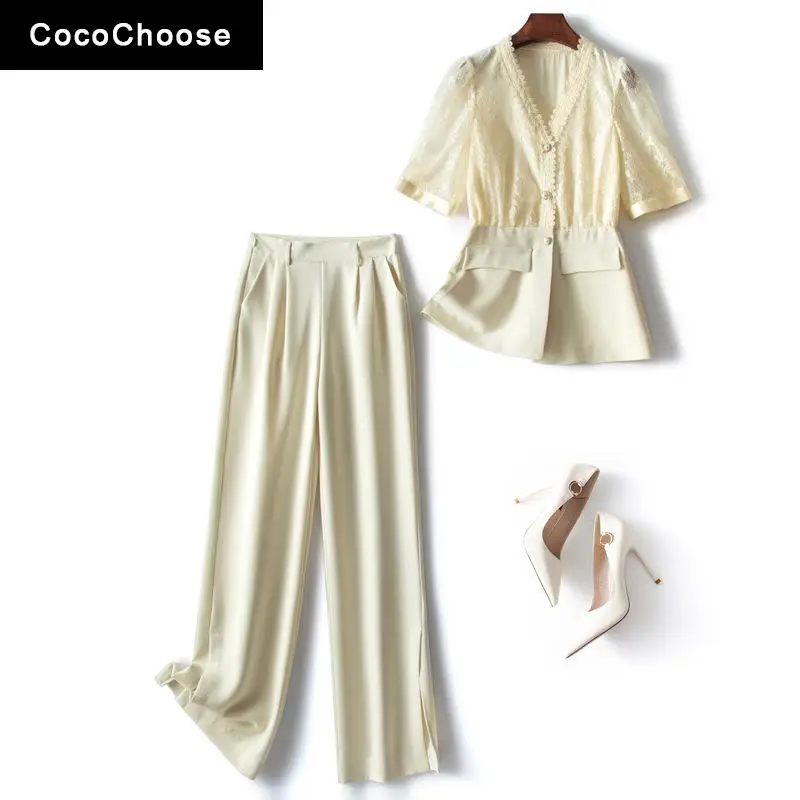 Elegant Women Trousers Suits Summer 2022 Fashion V-neck Short Sleeve Lace Shirts Peplum Top and Pants Sets Business Outfits
Elegant Women Trousers Suits Summer 2022 Fashion V-neck Short Sleeve Lace Shirts Peplum Top and Pants Sets Business Outfits