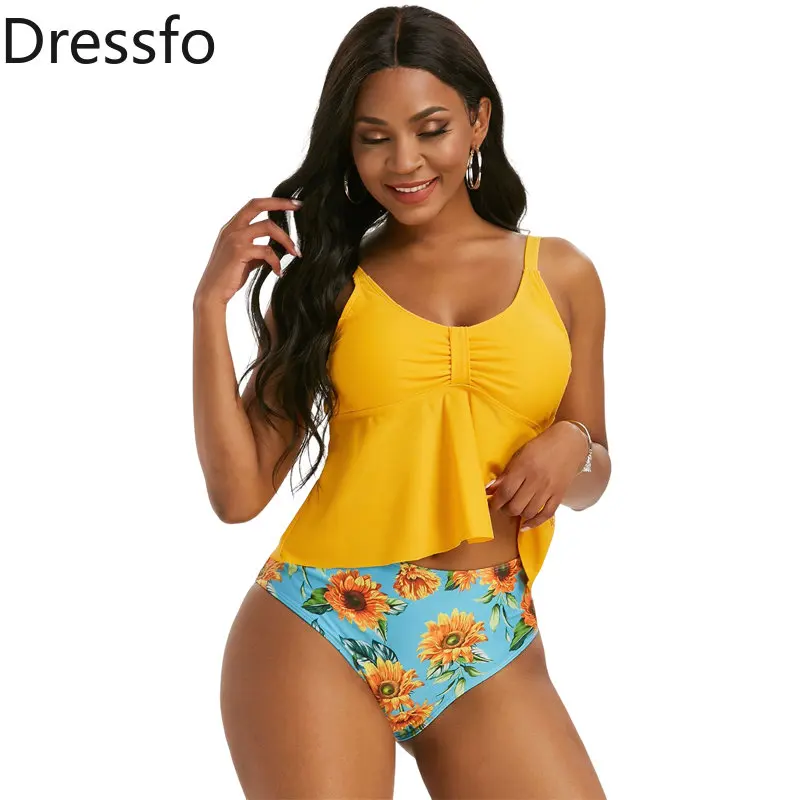

Dressfo Sunflower Print Knotted High Waist Tankini Set Solid Tops Bikini Set Swimwear Modest Swimsuit Bathing Suit Women 2023