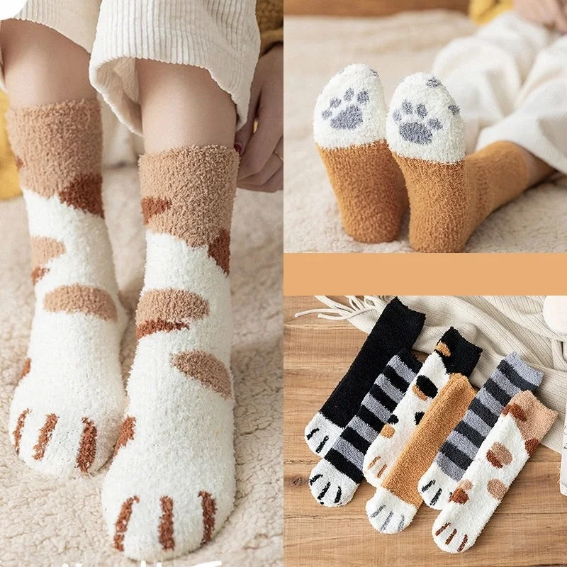 

Женские носки с мультяшными кошачьими лапками, осенне-зимние Бархатные носки средней длины кораллового цвета, плюшевые утепленные женские носки, носки для дома и сна